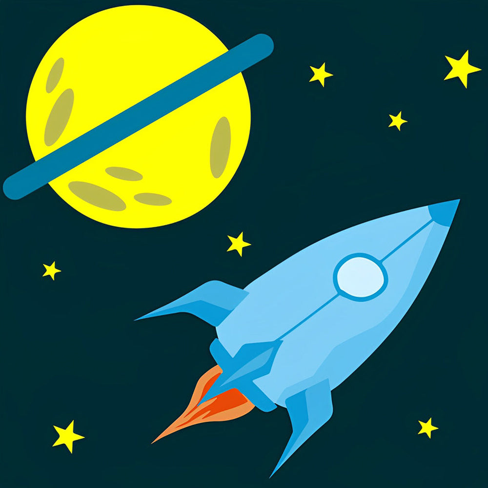 Cartoon-Planet und Rakete Diamond Painting
