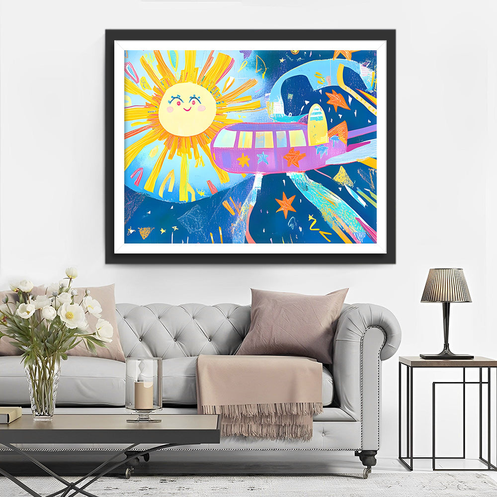 Cartoon-Raumschiff und Sonne Diamond Painting