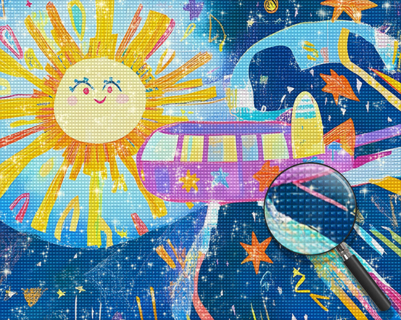 Cartoon-Raumschiff und Sonne Diamond Painting