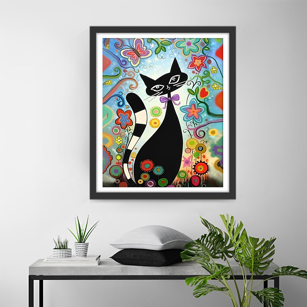 Cartoon Schwarze Katze und Blumen Diamond Painting