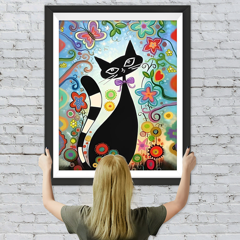 Cartoon Schwarze Katze und Blumen Diamond Painting
