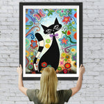 Cartoon Schwarze Katze und Blumen Diamond Painting