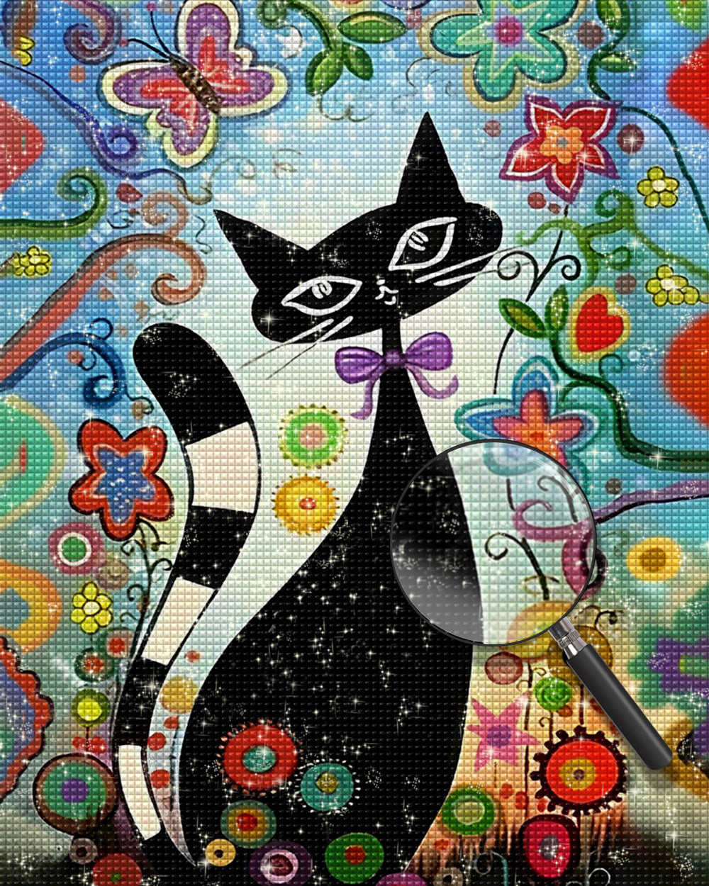 Cartoon Schwarze Katze und Blumen Diamond Painting
