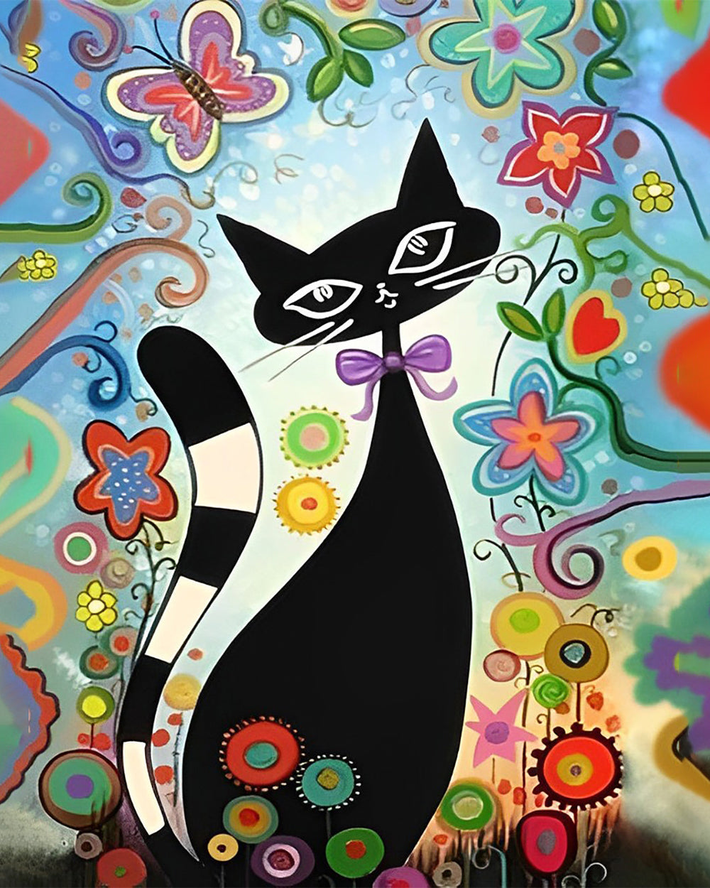 Cartoon Schwarze Katze und Blumen Diamond Painting