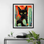 Cartoon Schwarze Katze und Kaktus Diamond Painting
