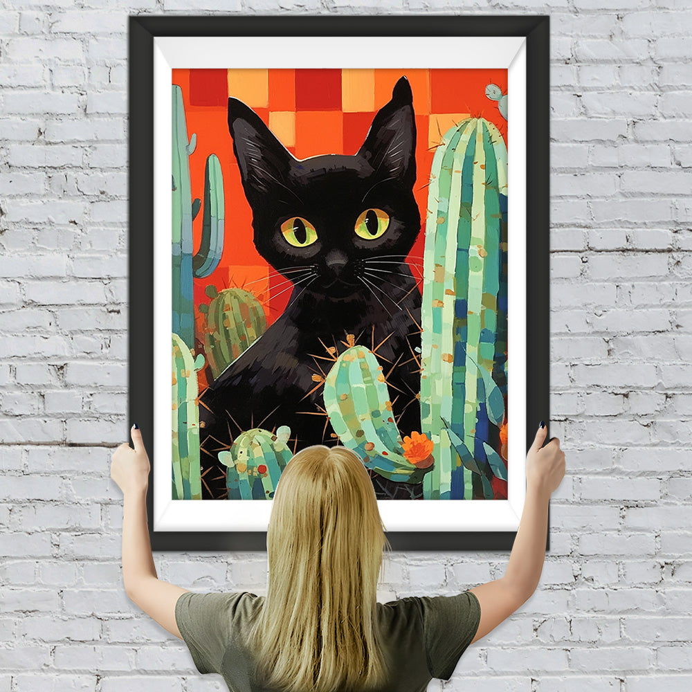 Cartoon Schwarze Katze und Kaktus Diamond Painting