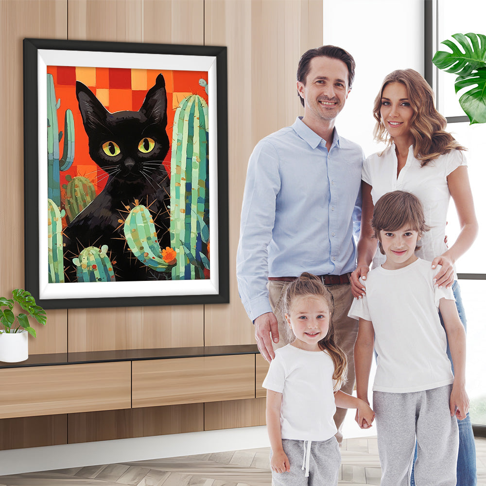Cartoon Schwarze Katze und Kaktus Diamond Painting