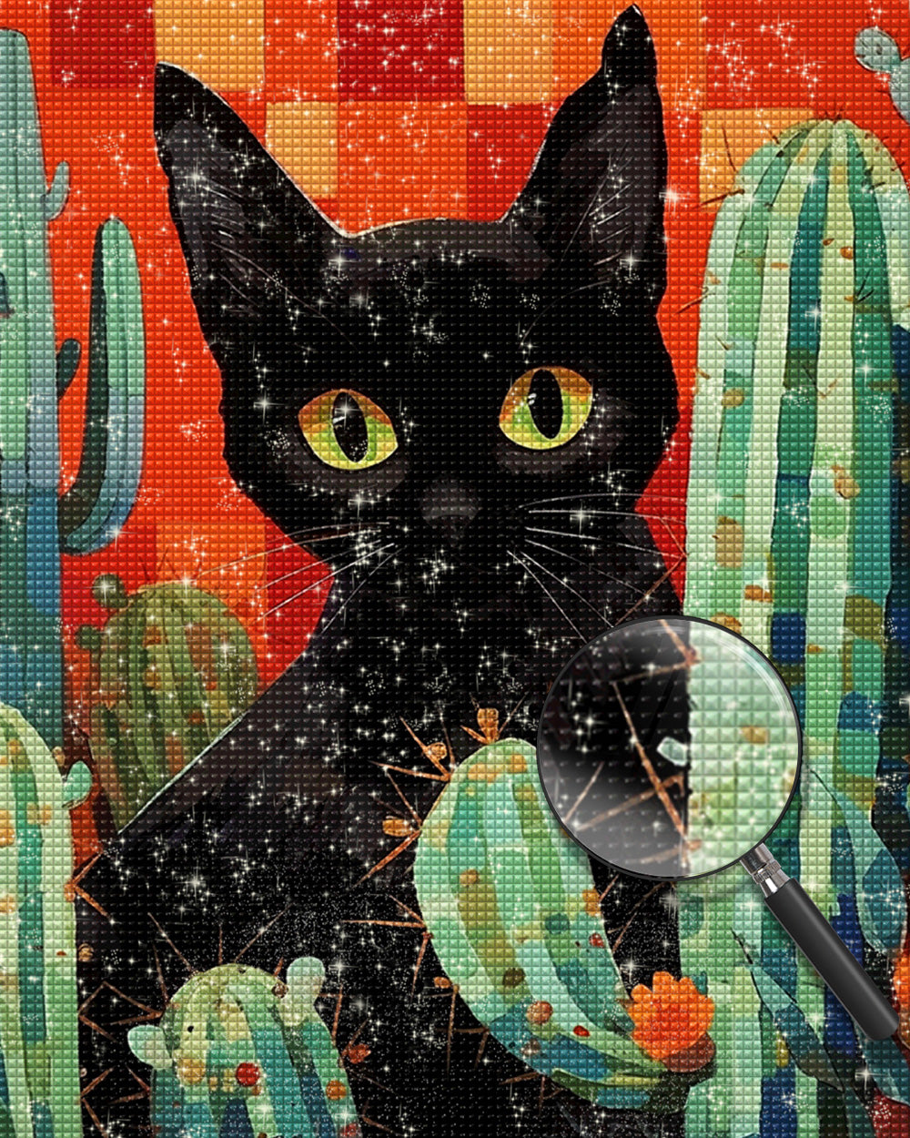 Cartoon Schwarze Katze und Kaktus Diamond Painting