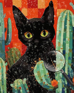 Cartoon Schwarze Katze und Kaktus Diamond Painting