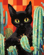 Cartoon Schwarze Katze und Kaktus Diamond Painting