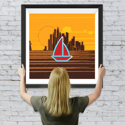 Cartoon Stadt und Segelboot Diamond Painting