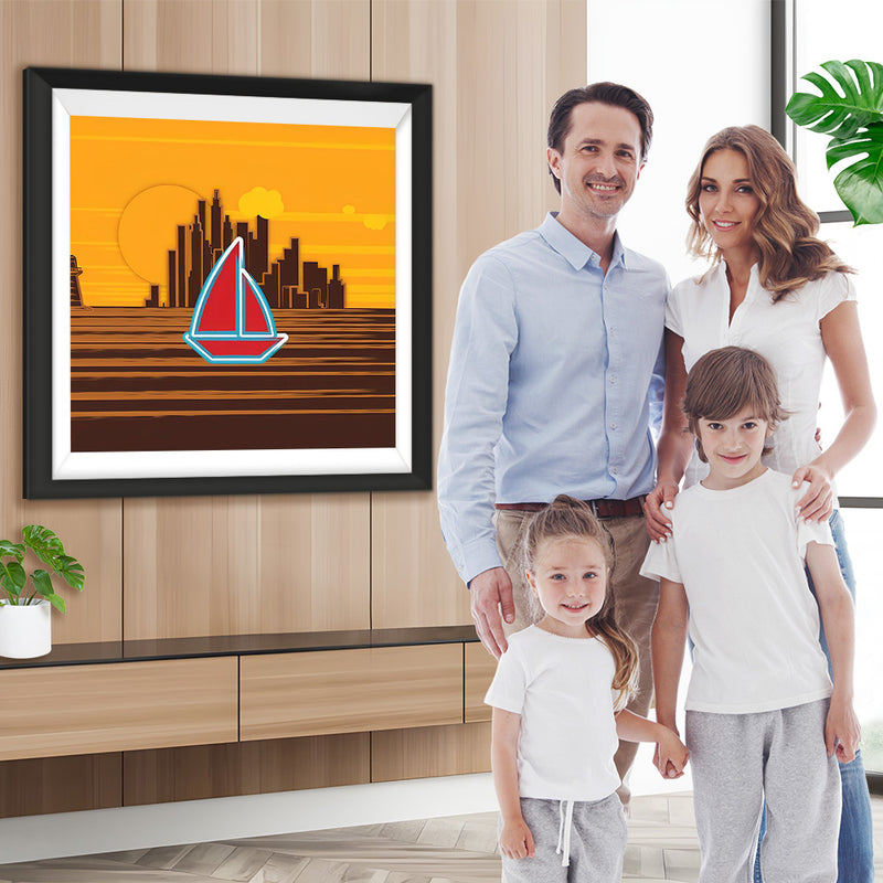 Cartoon Stadt und Segelboot Diamond Painting