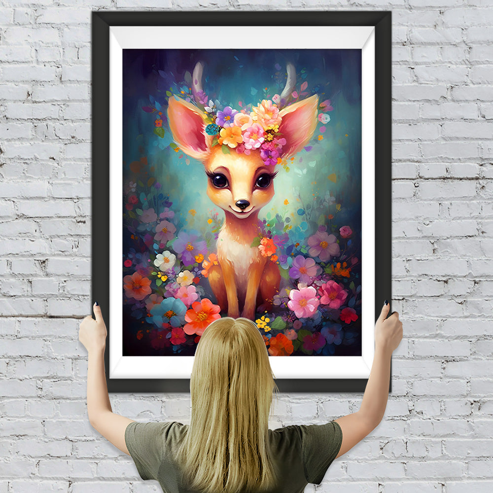 Charmantes Hirschbaby und Blumen Diamond Painting