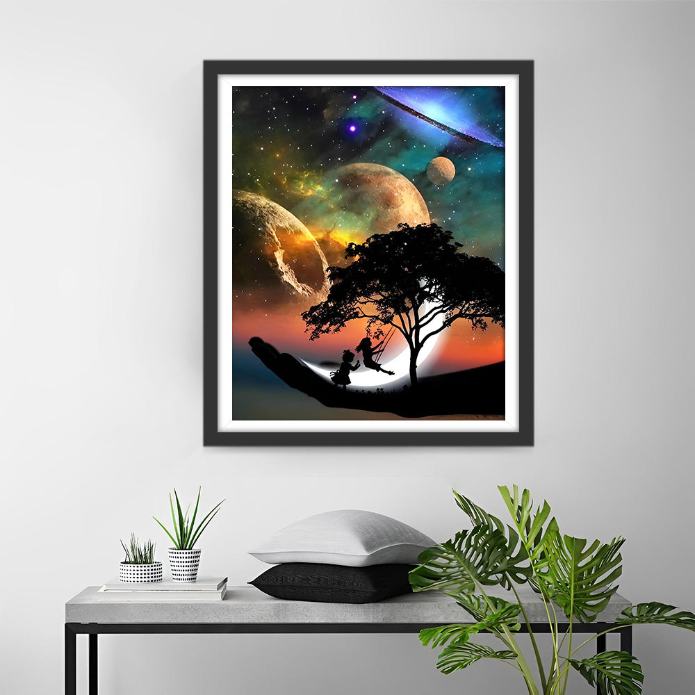 Children Swinging under the Planets Diamond Painting