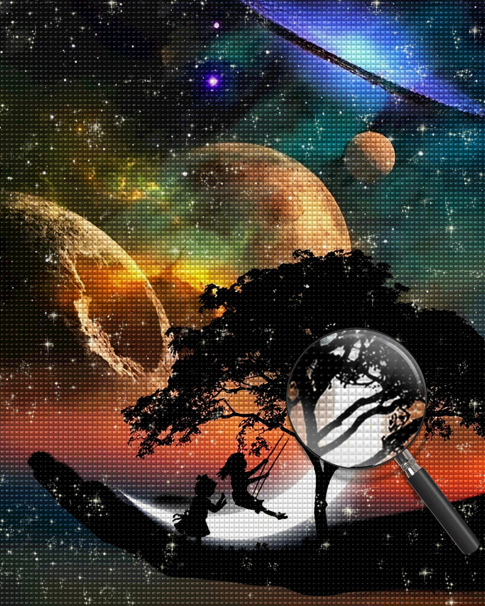 Children Swinging under the Planets Diamond Painting