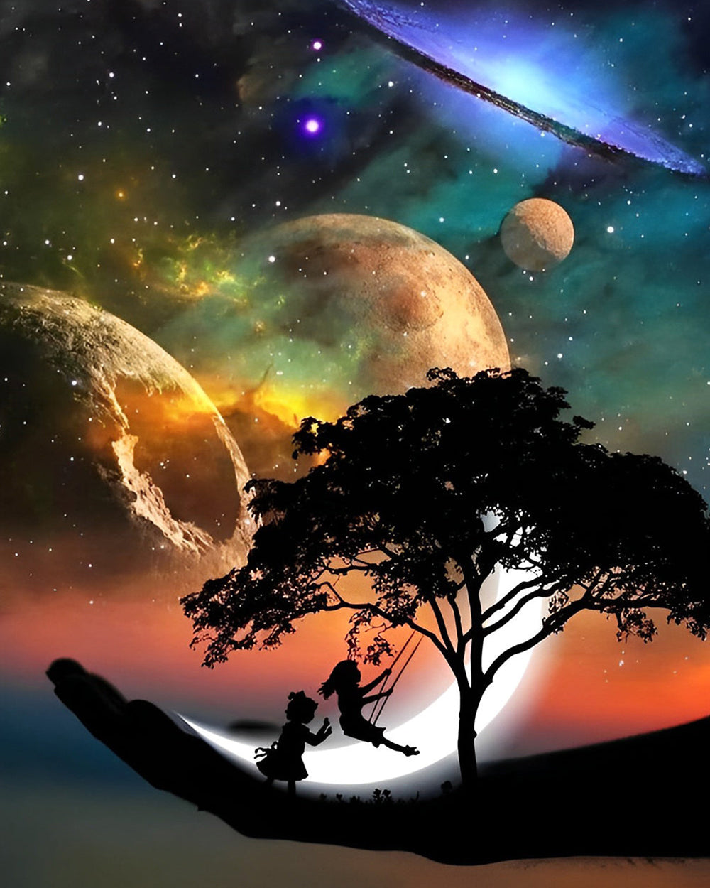 Children Swinging under the Planets Diamond Painting