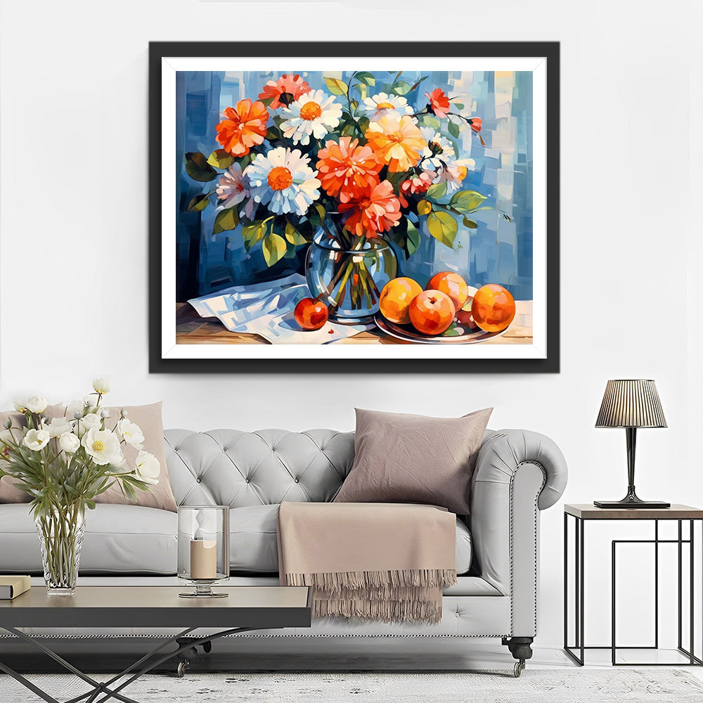 Chrysantheme in Flasche und Früchten Diamond Painting