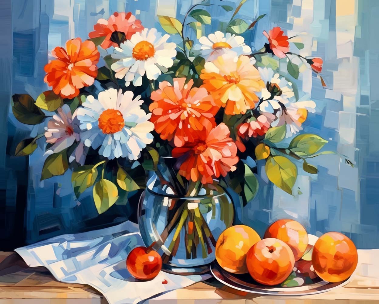 Chrysantheme in Flasche und Früchten Diamond Painting