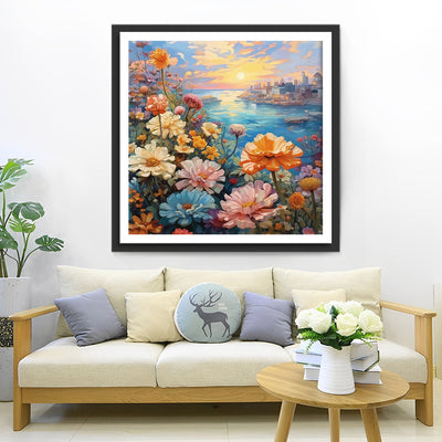 Chrysanthemen am Ufer des Stadtflusses Diamond Painting