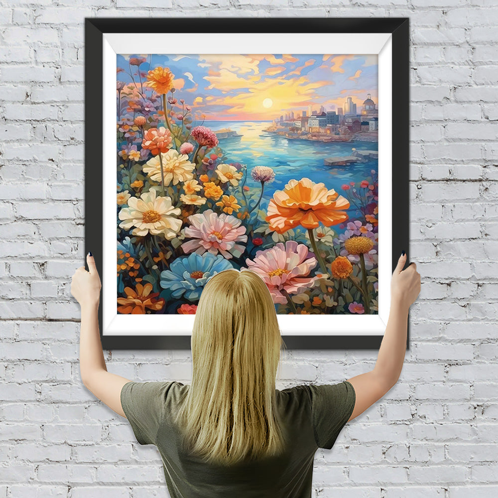 Chrysanthemen am Ufer des Stadtflusses Diamond Painting