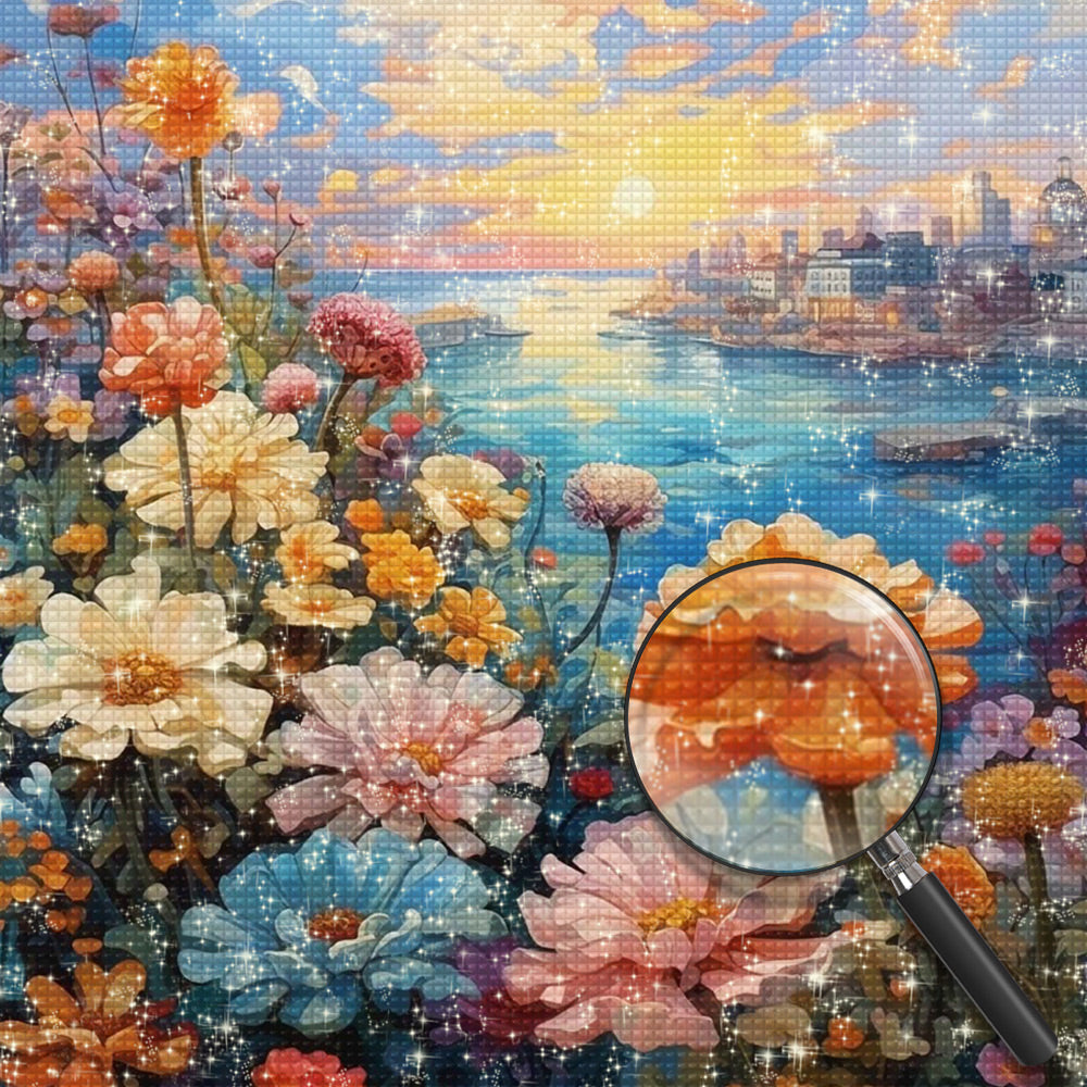 Chrysanthemen am Ufer des Stadtflusses Diamond Painting