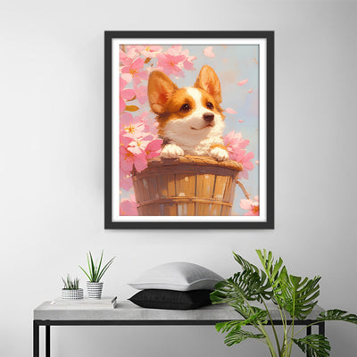 Corgi und Rosa Blumen Diamond Painting