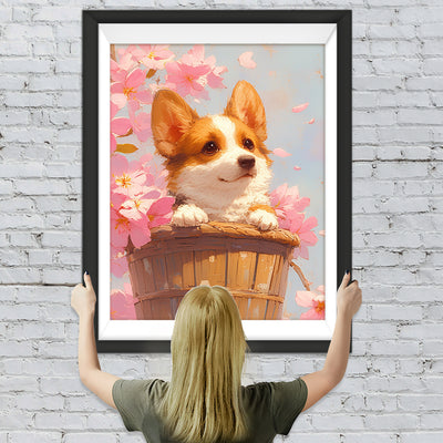 Corgi und Rosa Blumen Diamond Painting