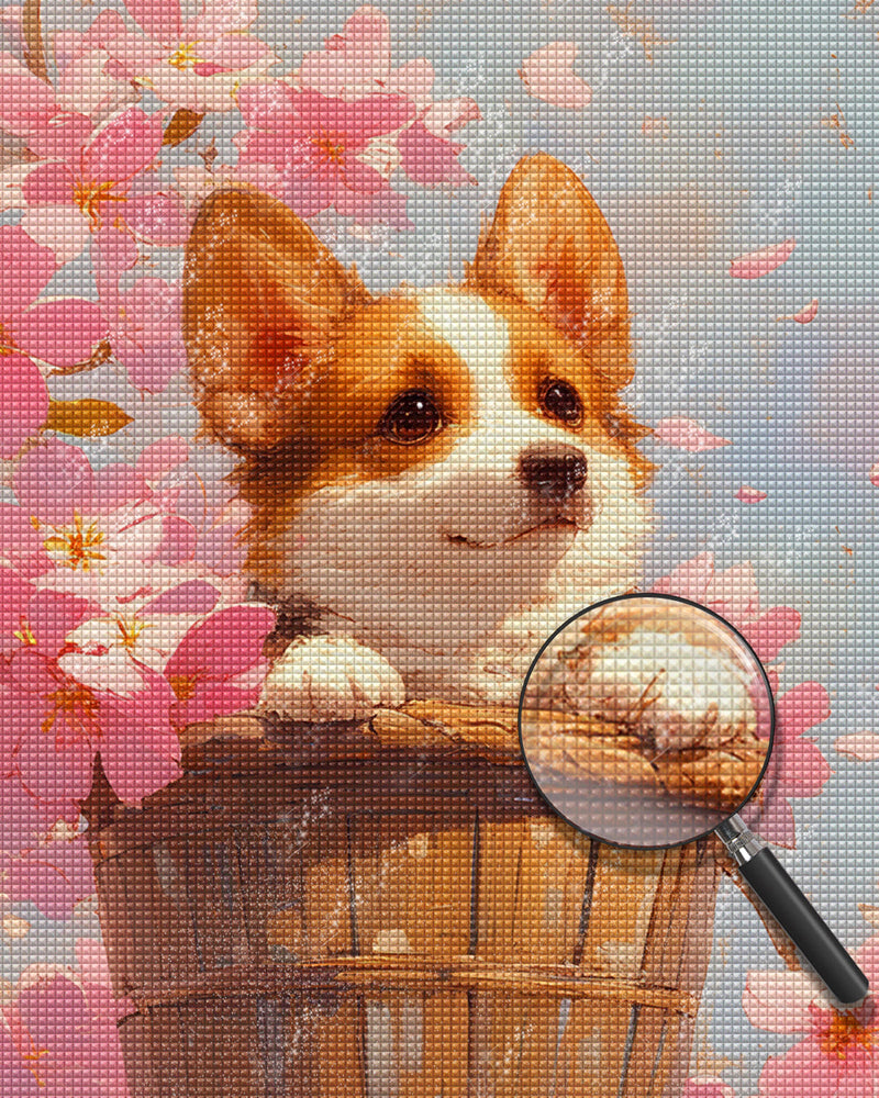 Corgi und Rosa Blumen Diamond Painting