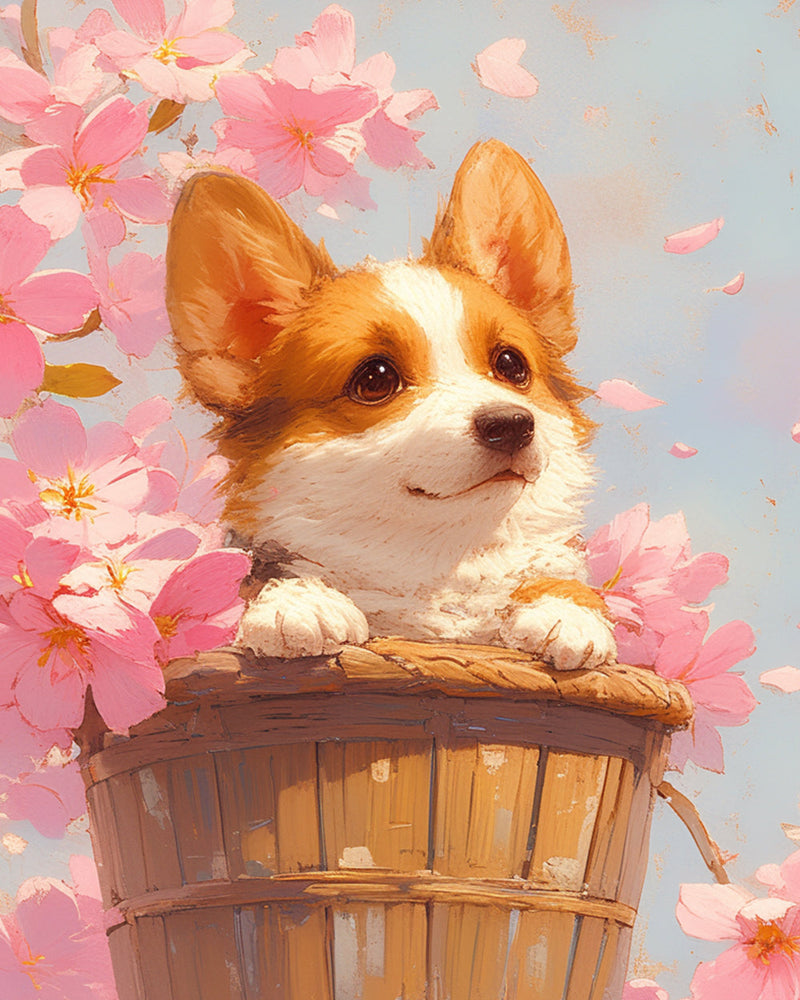 Corgi und Rosa Blumen Diamond Painting