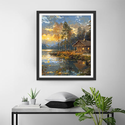 Cottage am See bei Sonnenuntergang Diamond Painting