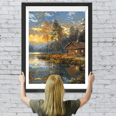 Cottage am See bei Sonnenuntergang Diamond Painting
