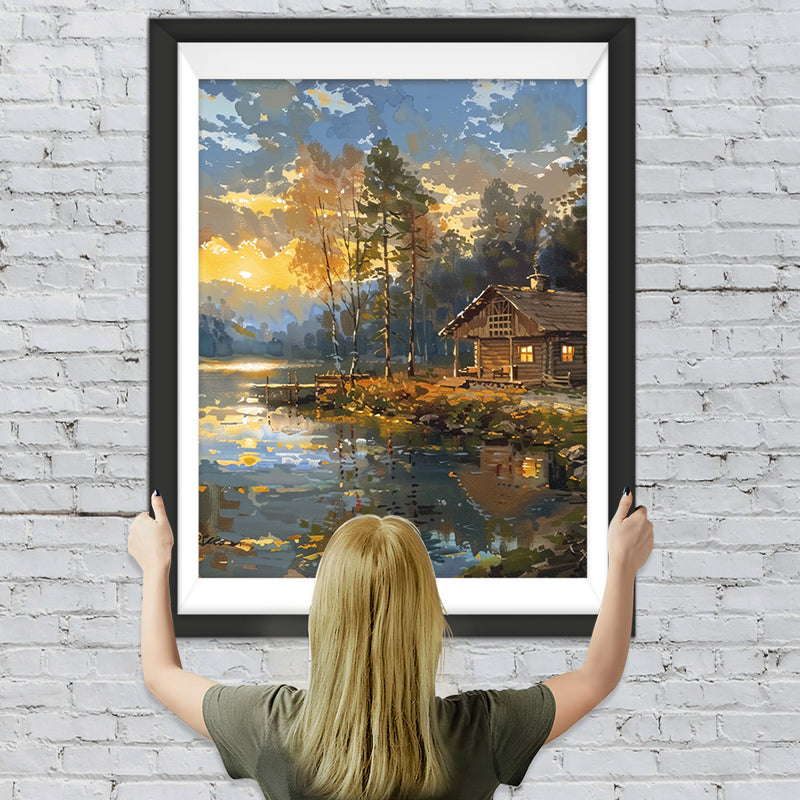 Cottage am See bei Sonnenuntergang Diamond Painting