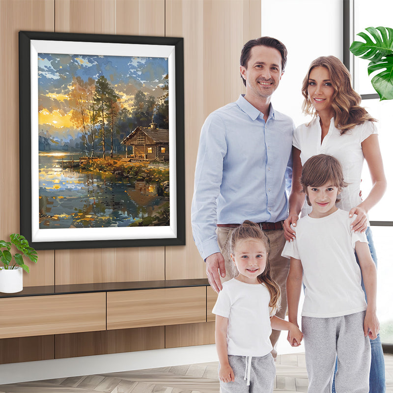 Cottage am See bei Sonnenuntergang Diamond Painting