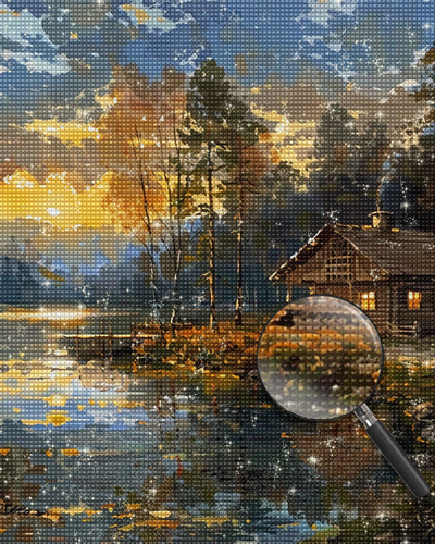 Cottage am See bei Sonnenuntergang Diamond Painting