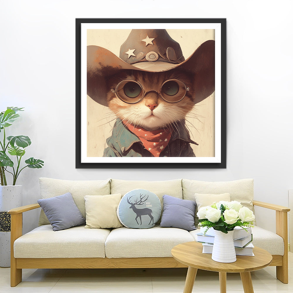 Cowboy Katze mit Brille Diamond Painting