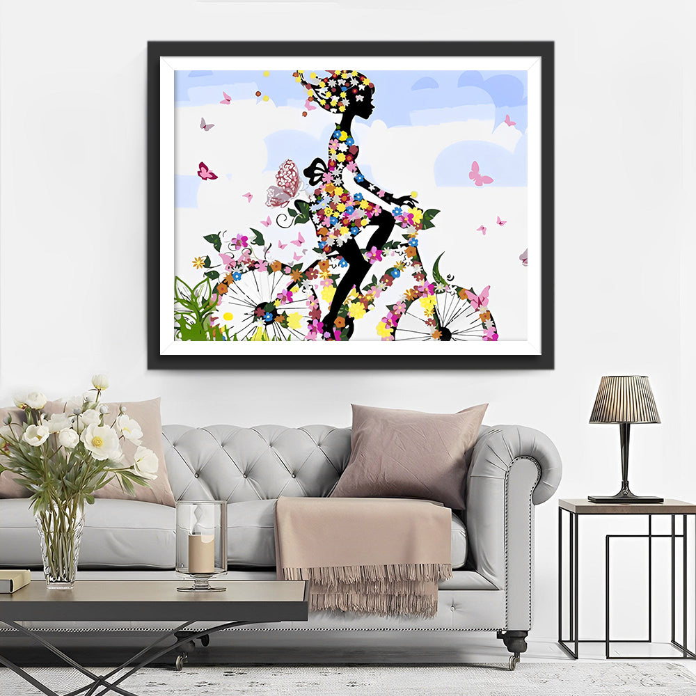 Das Mädchen fährt ein Blumenfahrrad Diamond Painting