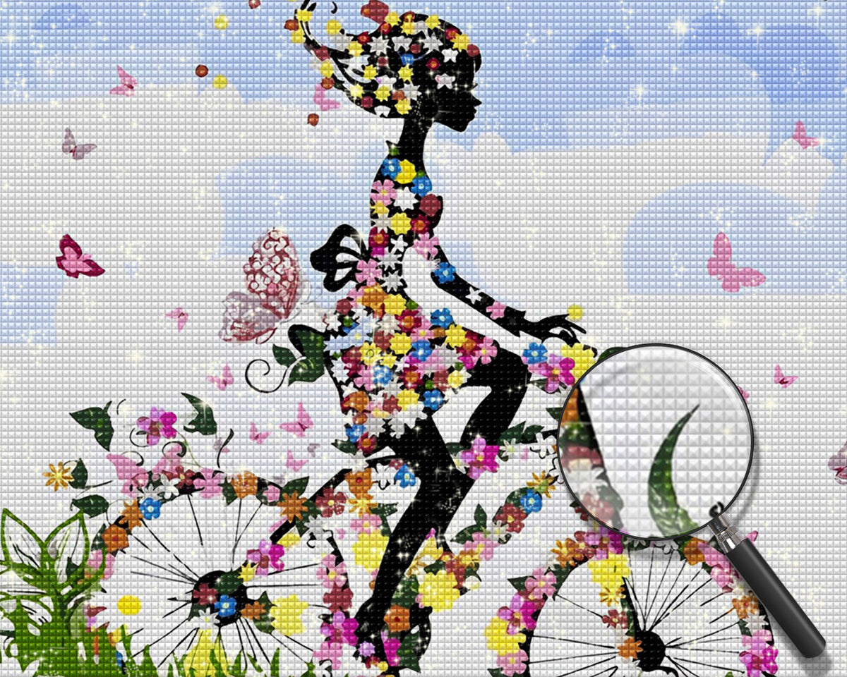 Das Mädchen fährt ein Blumenfahrrad Diamond Painting