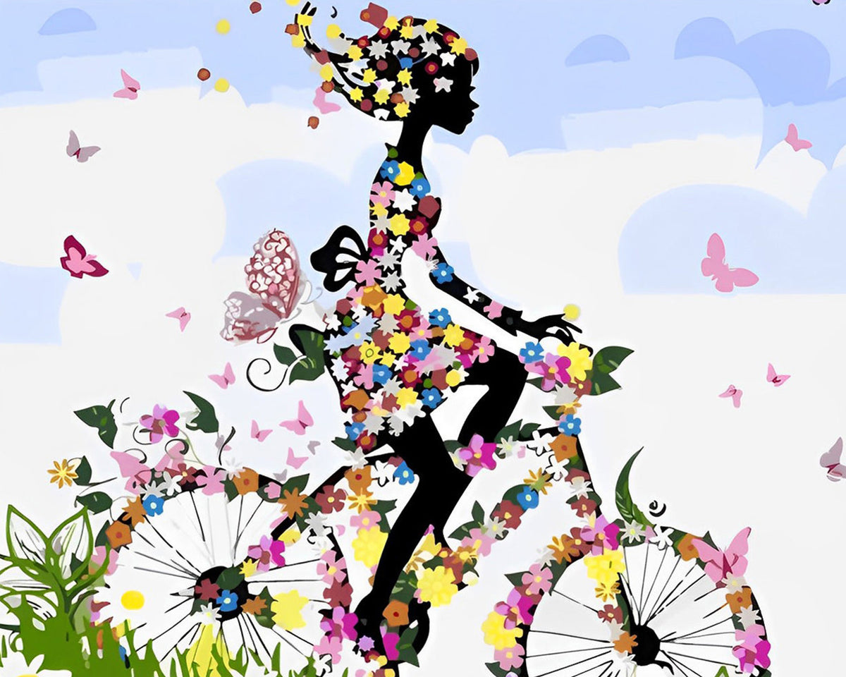 Das Mädchen fährt ein Blumenfahrrad Diamond Painting