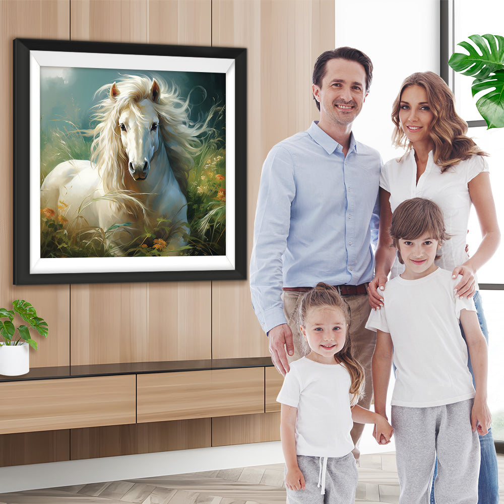 Das weiße Pferd im Gras Diamond Painting