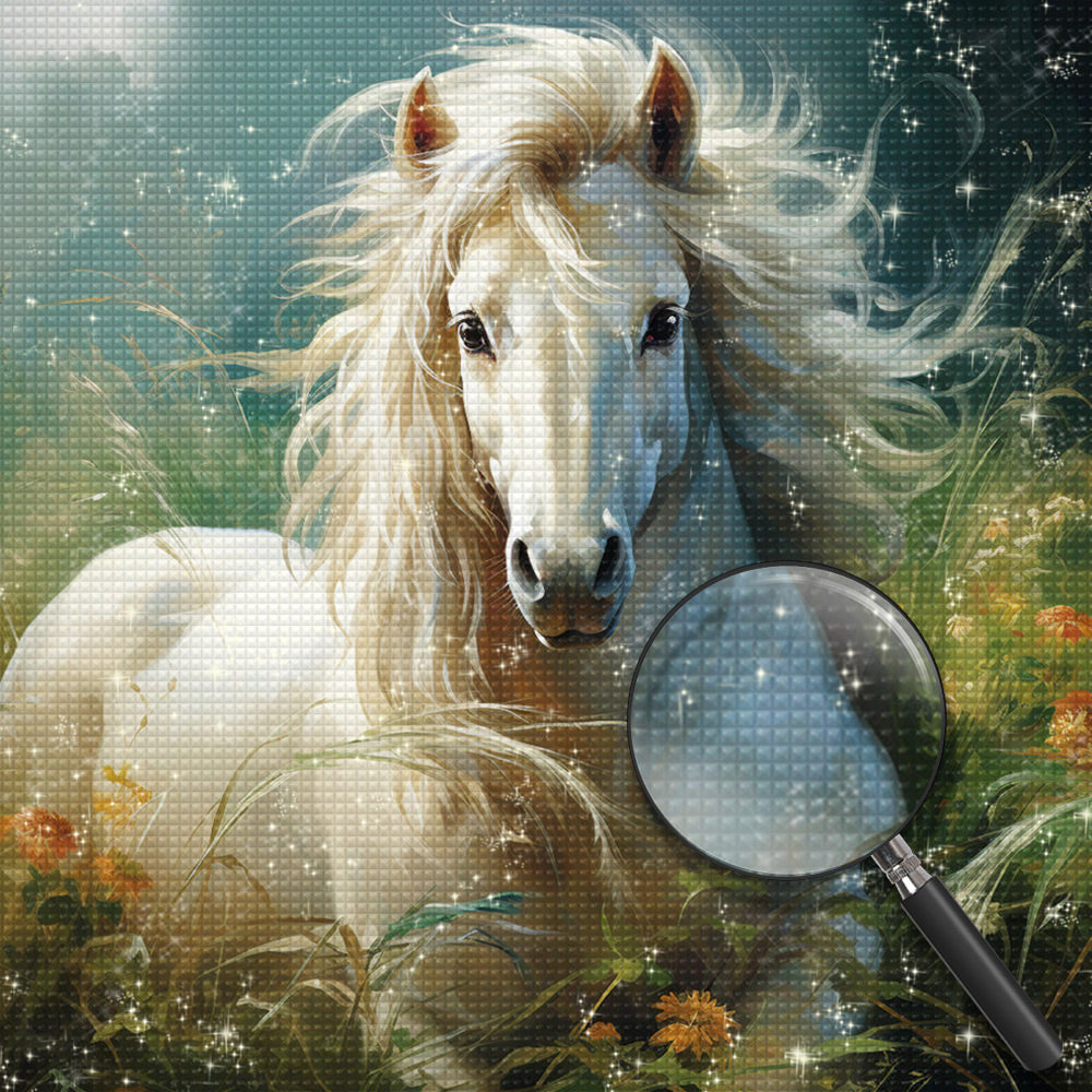 Das weiße Pferd im Gras Diamond Painting