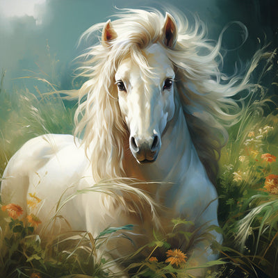 Das weiße Pferd im Gras Diamond Painting