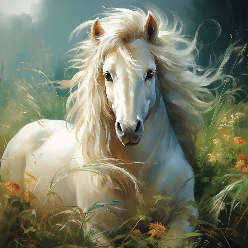 Das weiße Pferd im Gras Diamond Painting