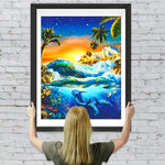 Delfine, Palmen und Sonnenuntergang Diamond Painting