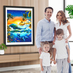 Delfine, Palmen und Sonnenuntergang Diamond Painting