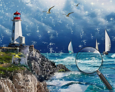 Der Leuchtturm und die weißen Schiffe Diamond Painting