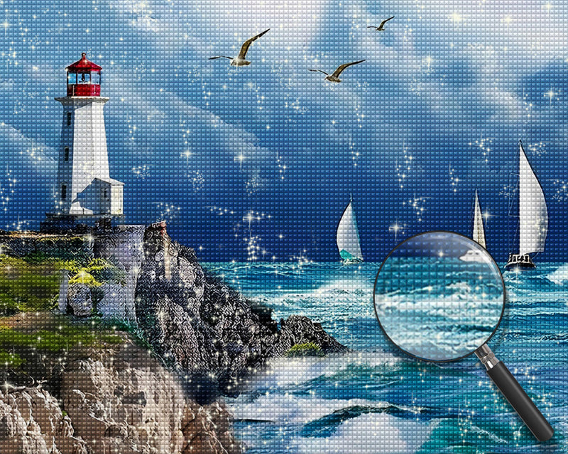 Der Leuchtturm und die weißen Schiffe Diamond Painting