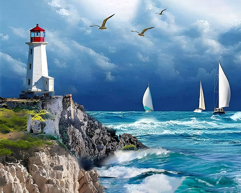 Der Leuchtturm und die weißen Schiffe Diamond Painting