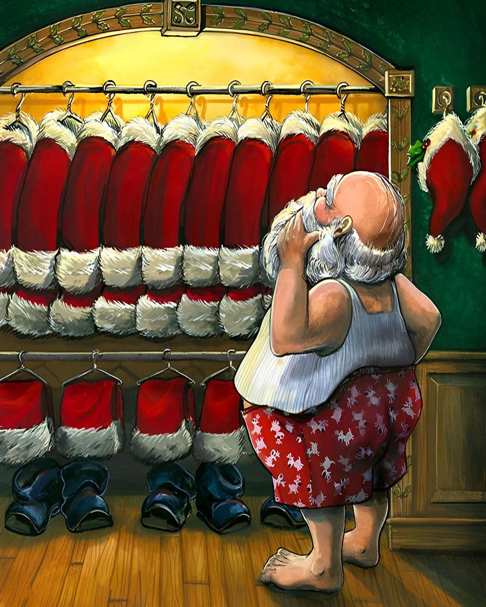 Der Weihnachtsmann wählt seinen Anzug aus Diamond Painting