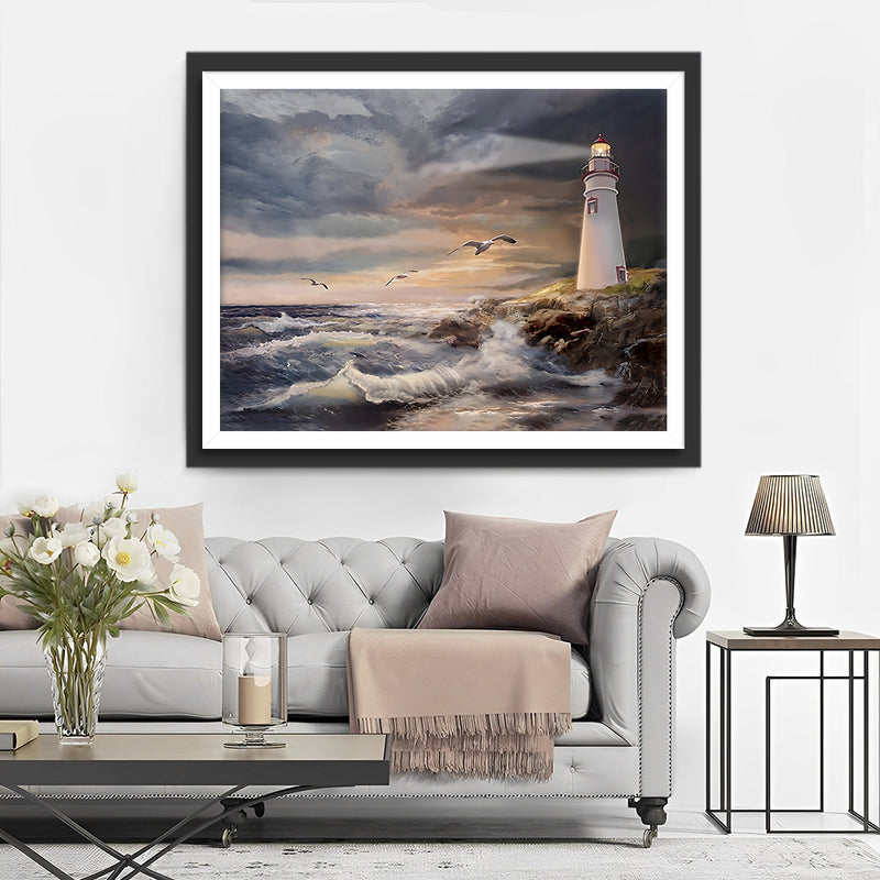 Der weiße Leuchtturm und die Möwen Diamond Painting
