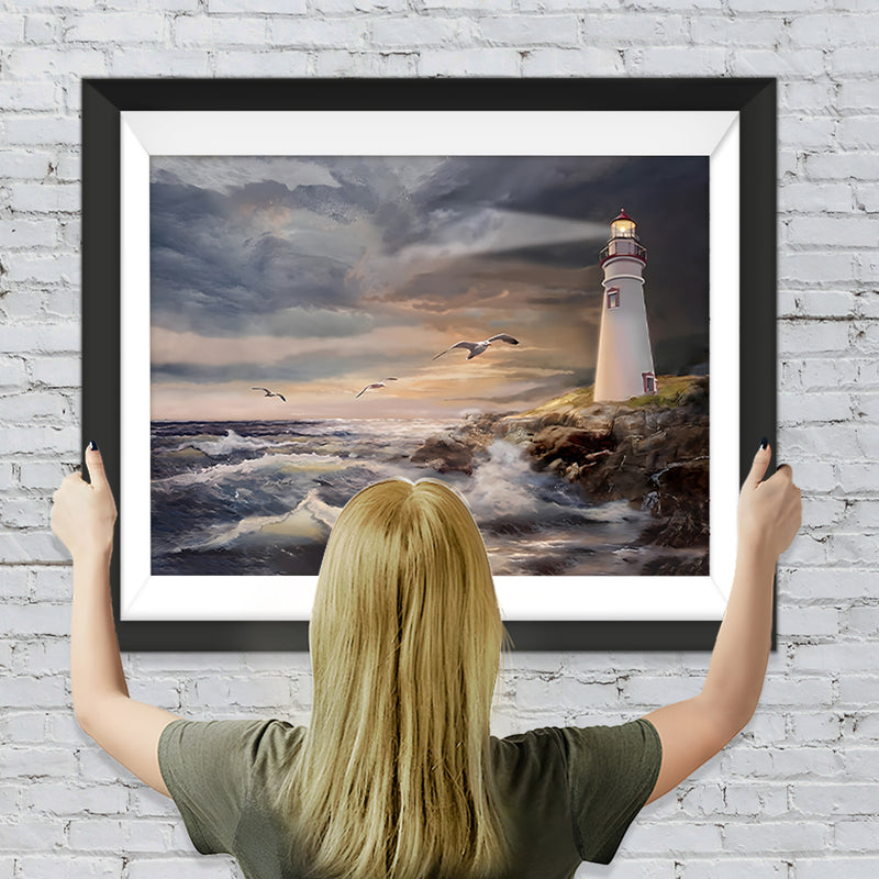Der weiße Leuchtturm und die Möwen Diamond Painting